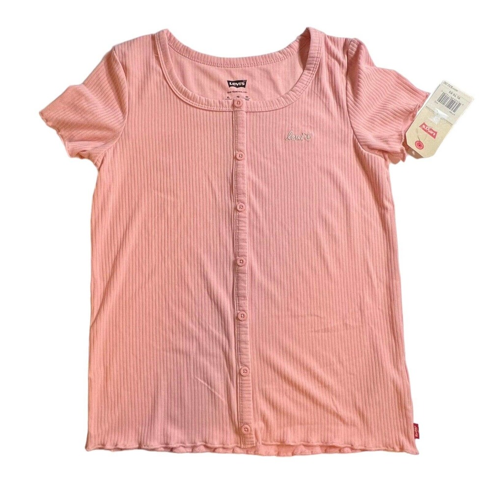 Levi’s Short Sleeve Pink Button Front Knit Tee Girls XL New‎
